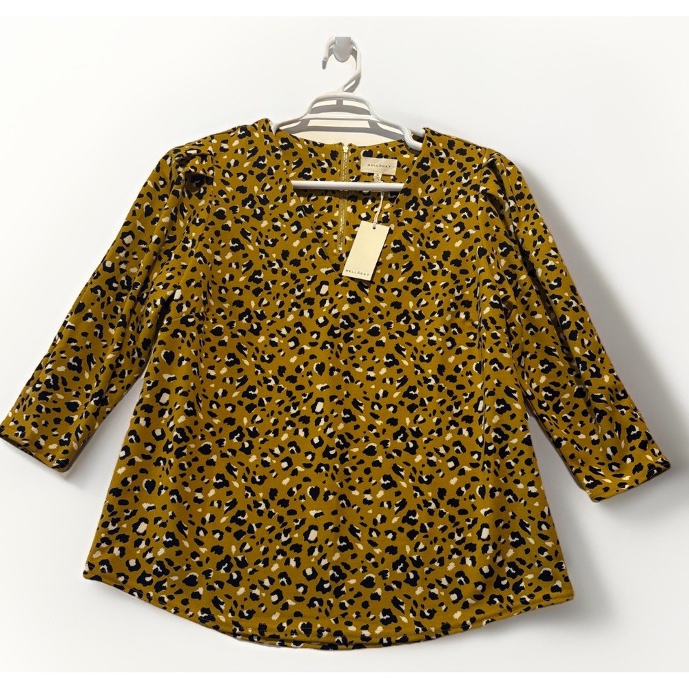 Melloday Blouse Womens  X Yellow‎ Animal Print 3/4 Sleeve Gold Zipper Accent